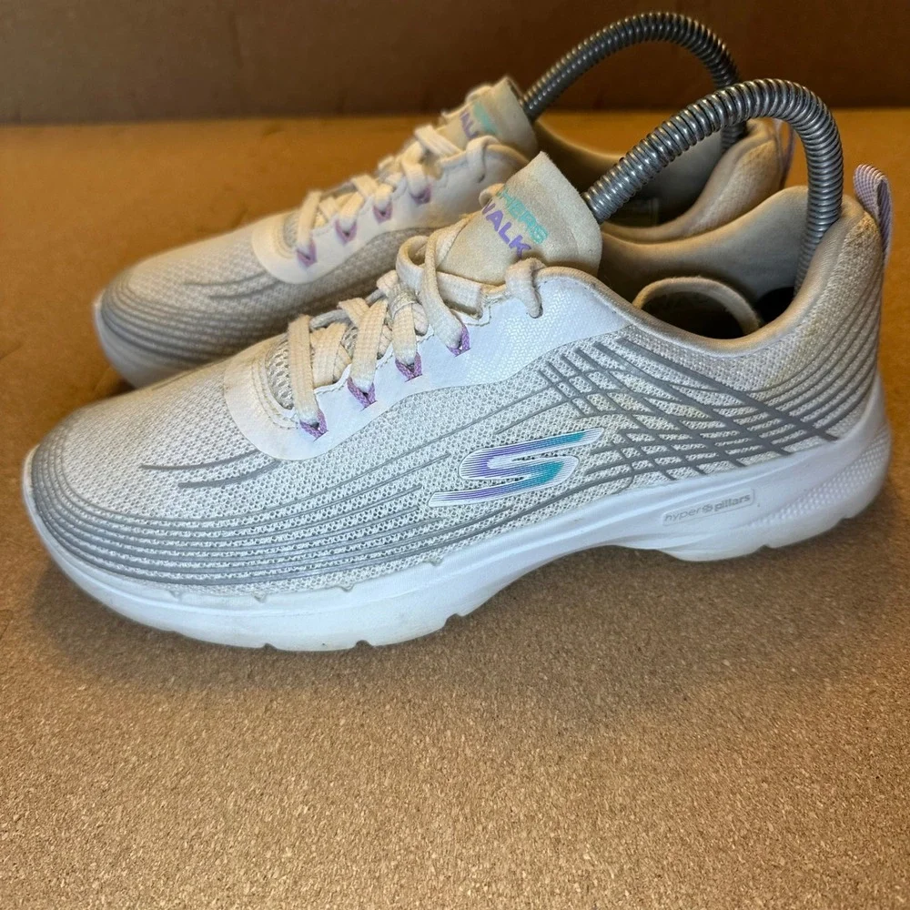Skechers GoWalk Hyper Pillars Womens Size 7.5‎ White Silver Purple Walking Shoes